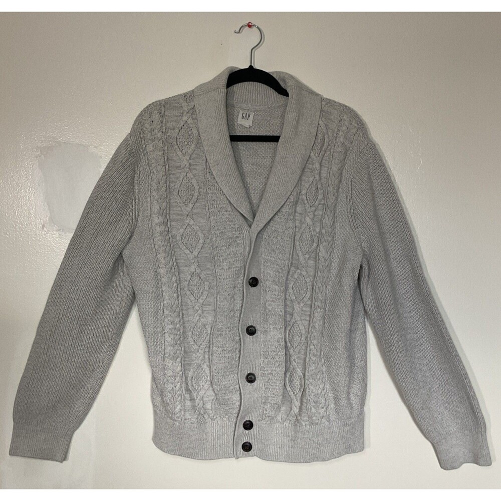 GAP Men's Cable Knit Cardigan Sweater Gray Shawl Collar Chunky Knit - Size XL